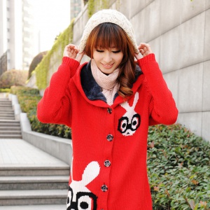 蓝迪韩版女装连帽长袖针织外套毛衣